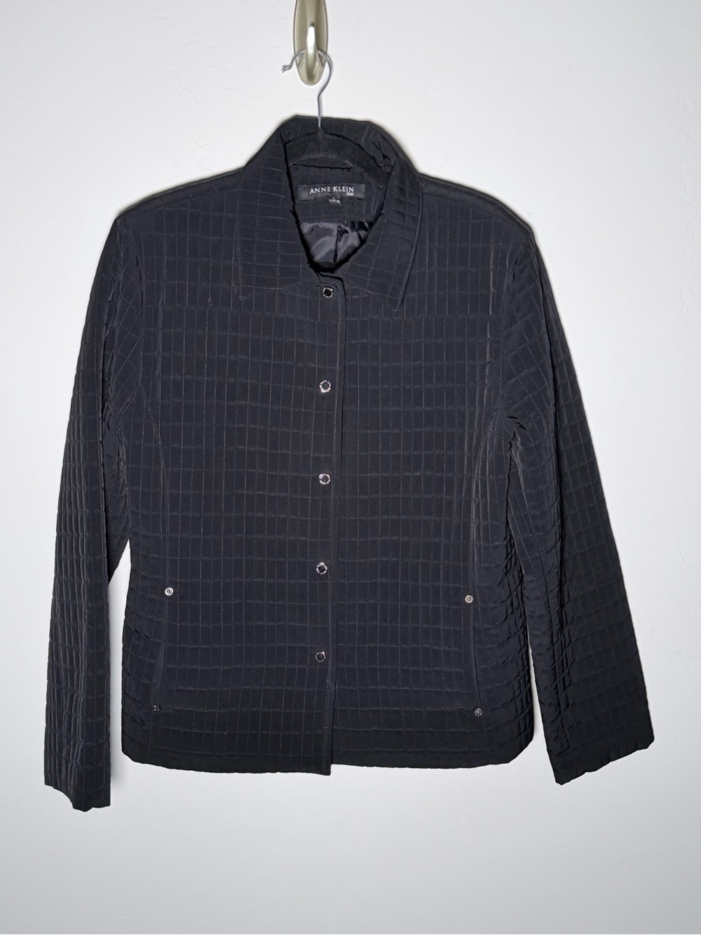 Anne Klein Black Quilted Button-Front Lined Jacket L